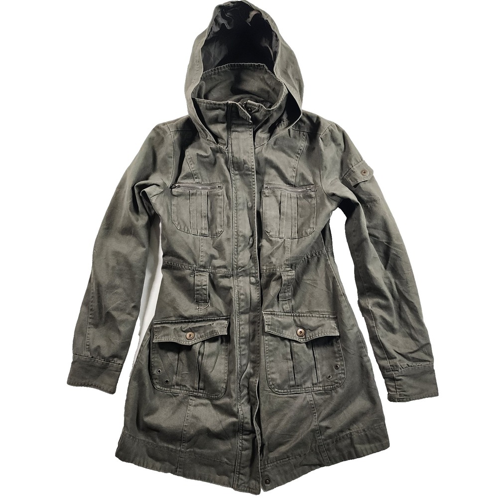 Anchor Blue Coat Jacket Womens Large Military Green Hooded Utility Cinched Y2K